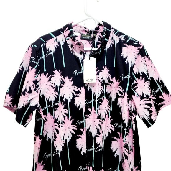 Wesc Mens Black Pink Palm Tree Print ButtonUp Shirt Short Sleeve Lightweight S - Picture 9 of 10